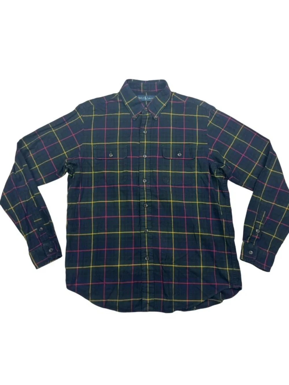 VTG Polo Ralph Lauren Men's 100% Cotton Work Shirt Green/Black Plaid • Large